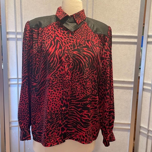 Soft Appeal Tops - Vintage Red/Black Cheetah Print with black faux leather button down front blouse